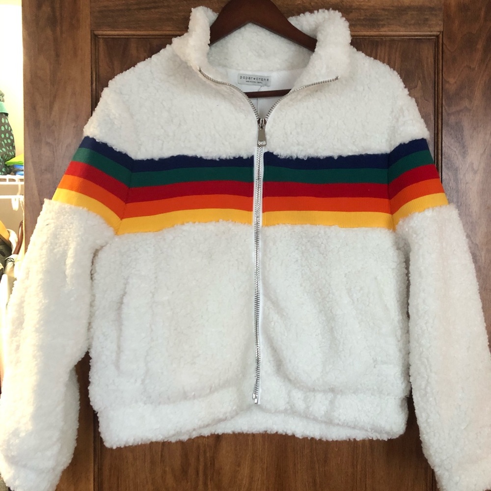 Paper crane Faux shearling fuzzy rainbow jacket. S